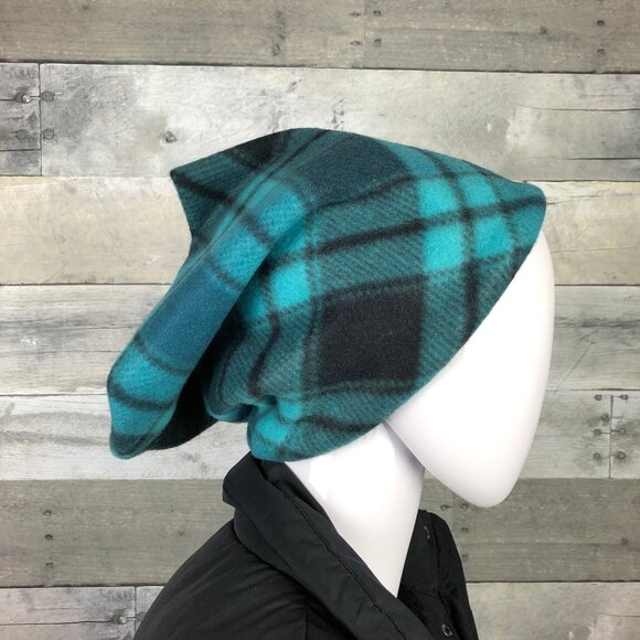 Turquoise Plaid Fleece Neck Gaiter: Tartan Scarf Warmer - Picture 3 of 9